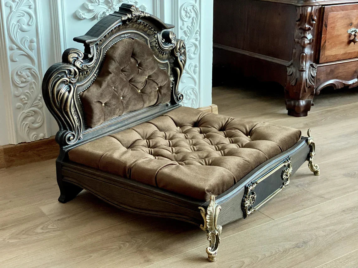 Luxury Baroque Pet Bed in Dark Walnut & Burgundy HT Animal Supply