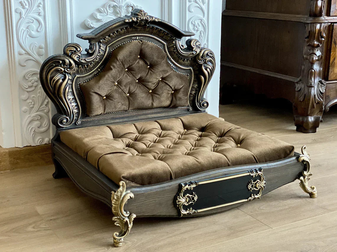 Luxury Baroque Pet Bed in Dark Walnut & Honey HT Animal Supply