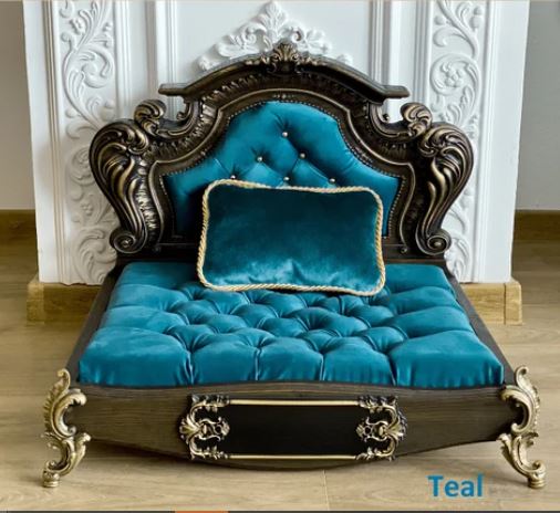 Luxury Baroque Pet Bed in Dark Walnut & Teal HT Animal Supply