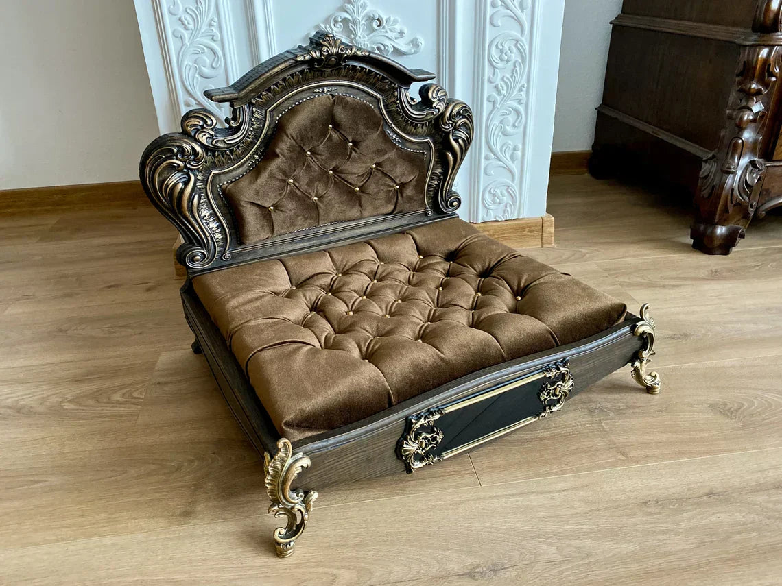 Luxury Baroque Pet Bed in Dark Walnut & Violet HT Animal Supply