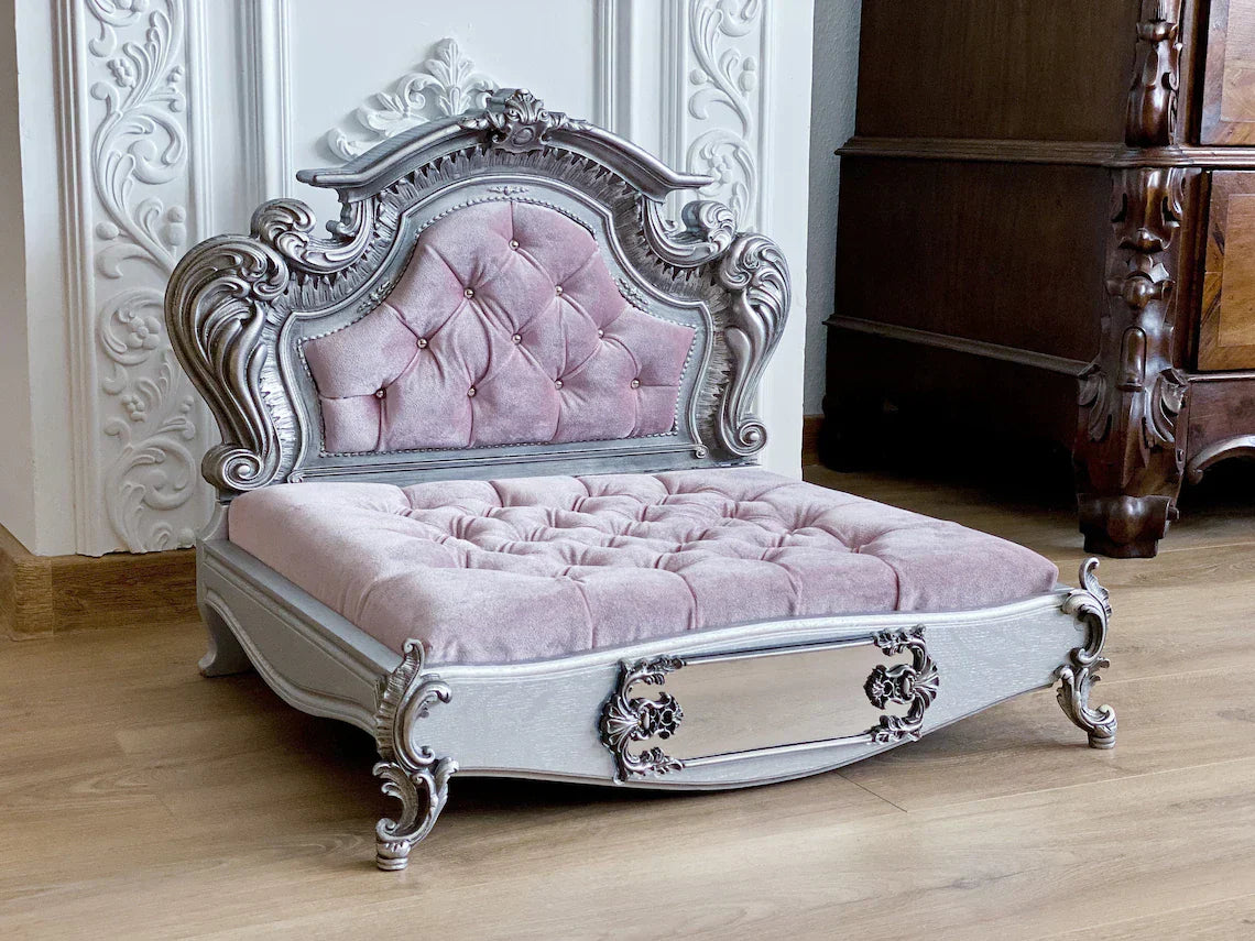 Luxury Baroque Pet Bed in Silver & Burgundy HT Animal Supply