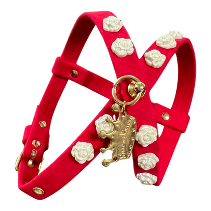 Fashion Dog Harness and Leash Set - Red with White Flowers