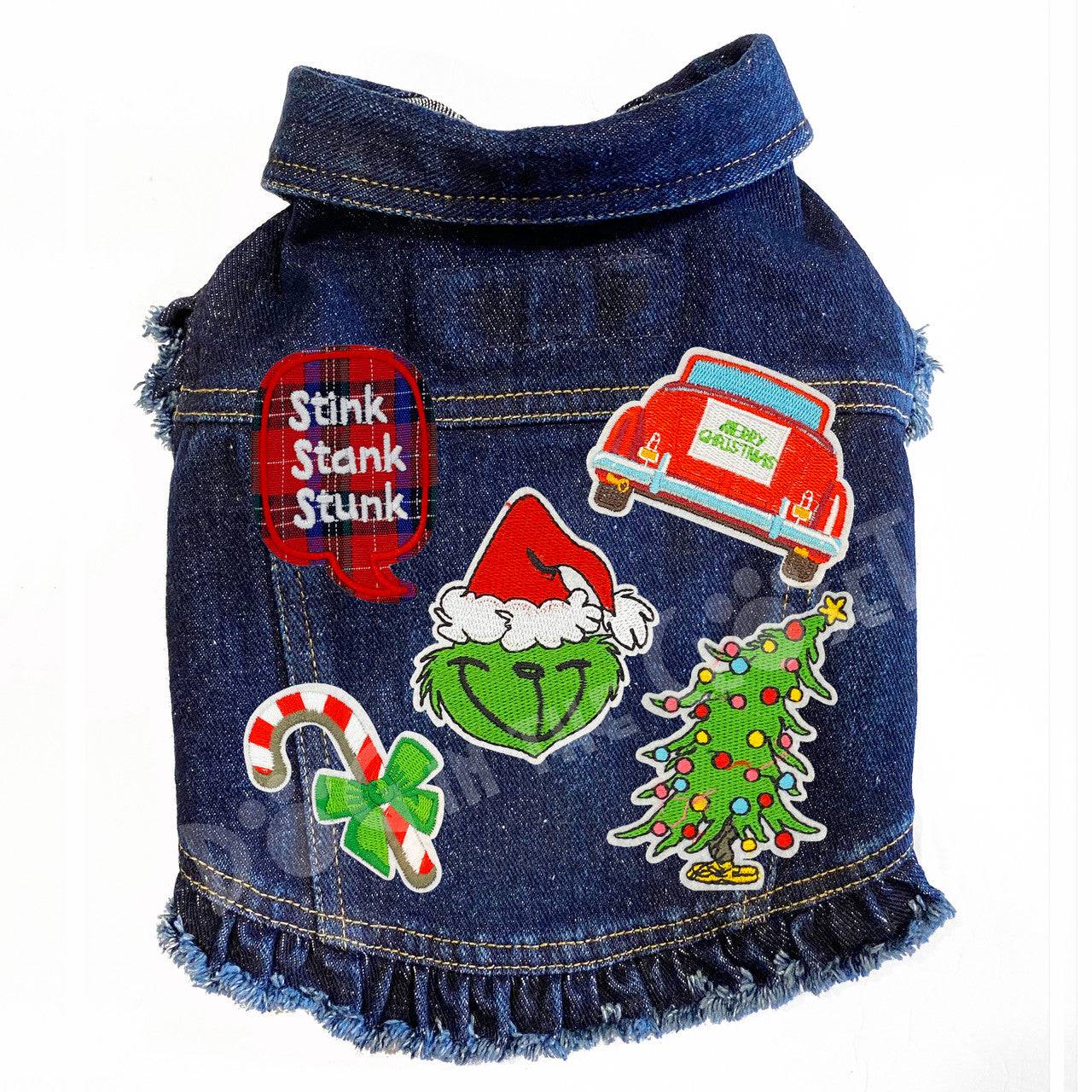 Merry Grinchmas Denim Dog Jacket Blue Denim with Ruffles