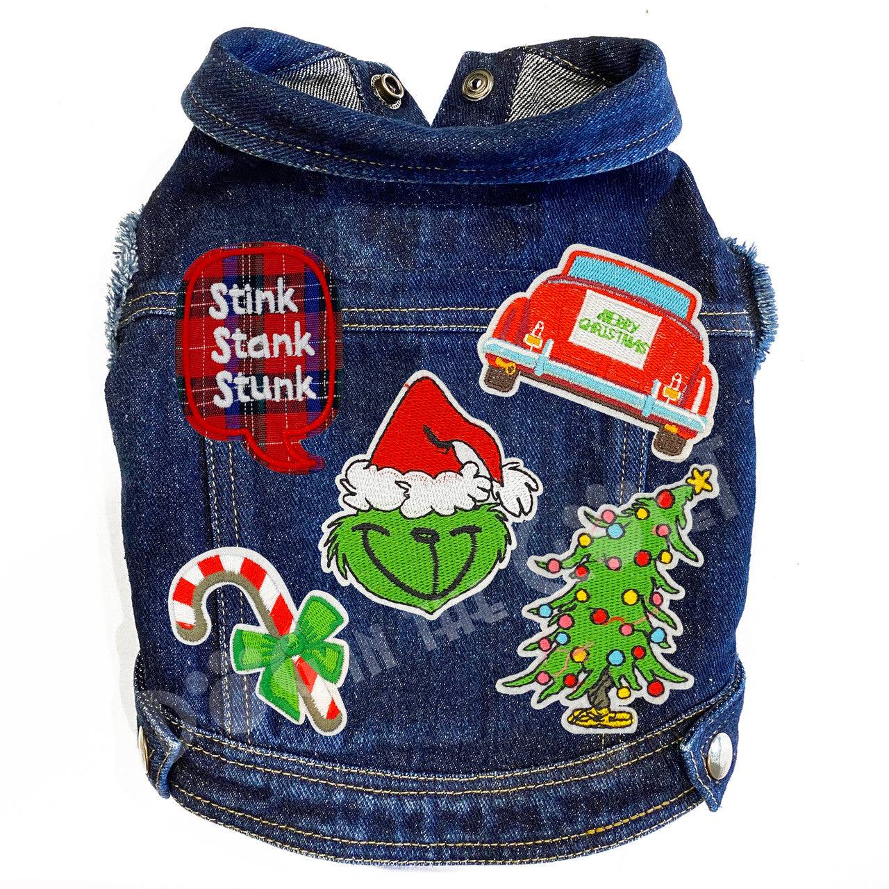 Merry Grinchmas Denim Dog Jacket Blue Denim