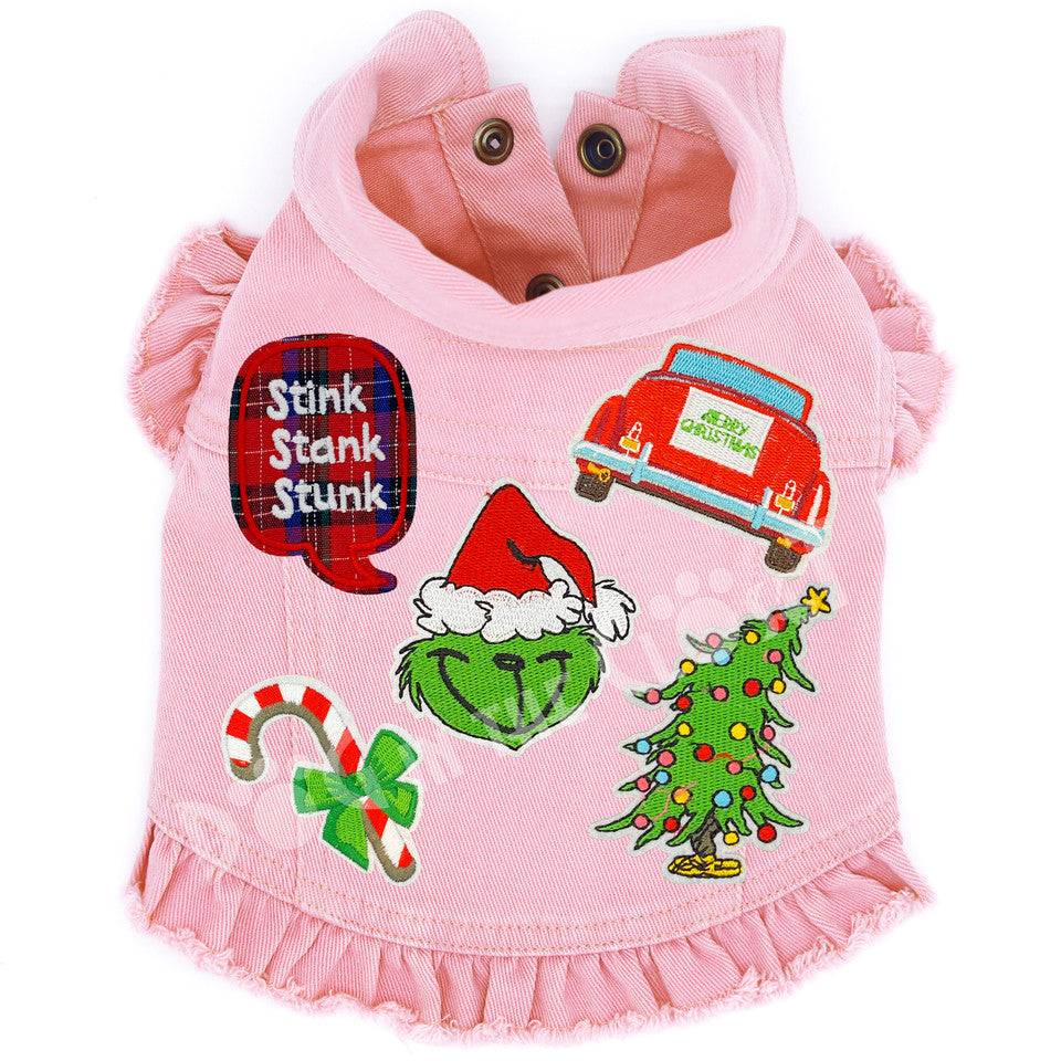 Merry Grinchmas Denim Dog Jacket Pink Denim with Ruffles