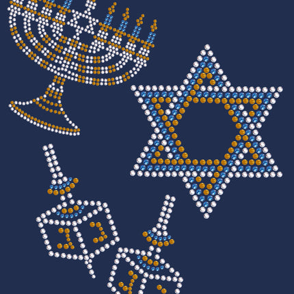 Menorah, Dreidel & Star of David (Blue, Silver, & Gold) - Women's T-shirt