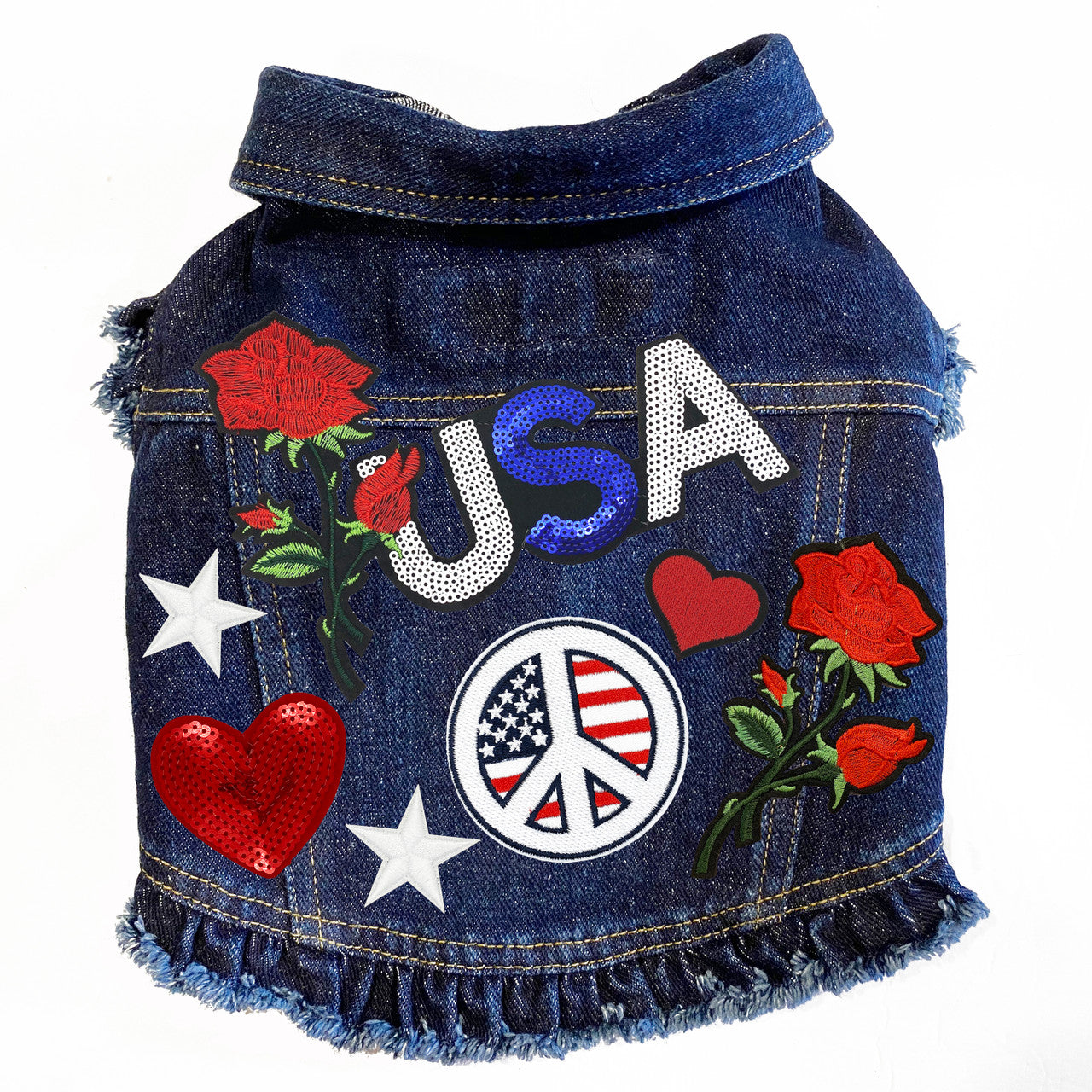 Patriotic USA Denim Dog Jacket Pink Denim with Ruffles