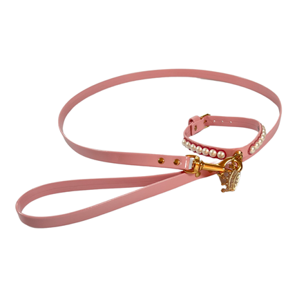 Fashion Collar and Plain Leash Set - Pink with Pearls