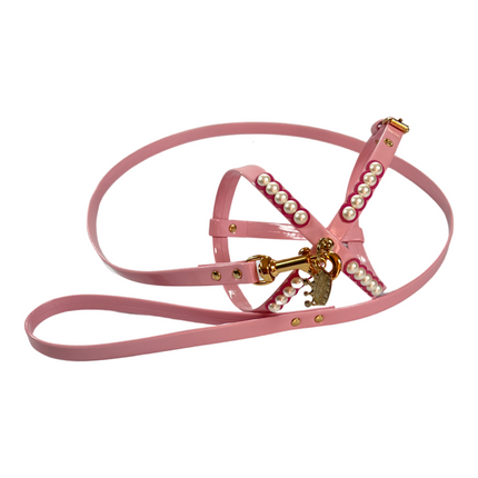 Fashion Dog Harness and Plain Leash Set - Pink with Pearls