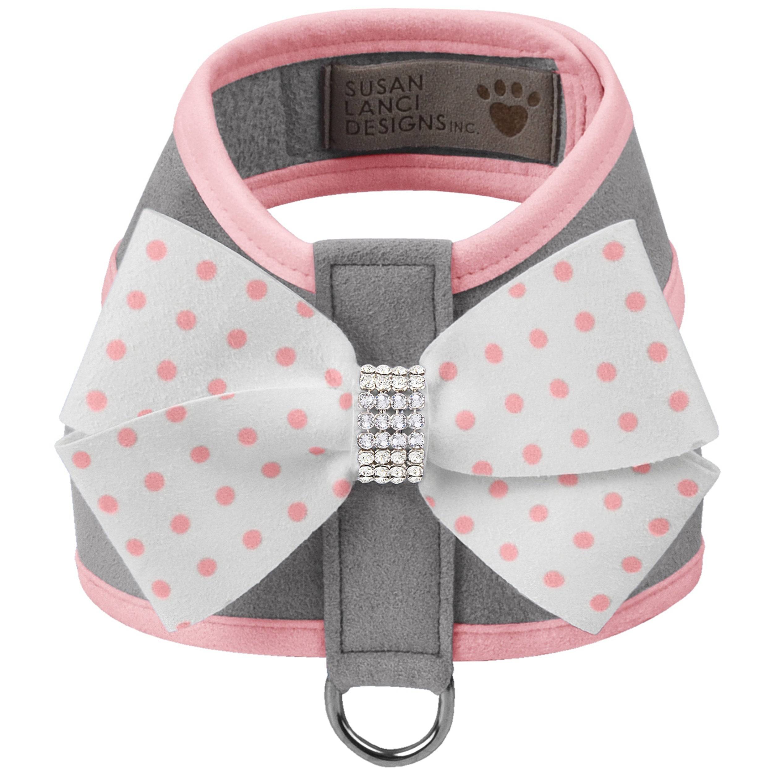 Puppy Pink Polka Dot Nouveau Bow Tinkie Harness with Puppy Pink Trim