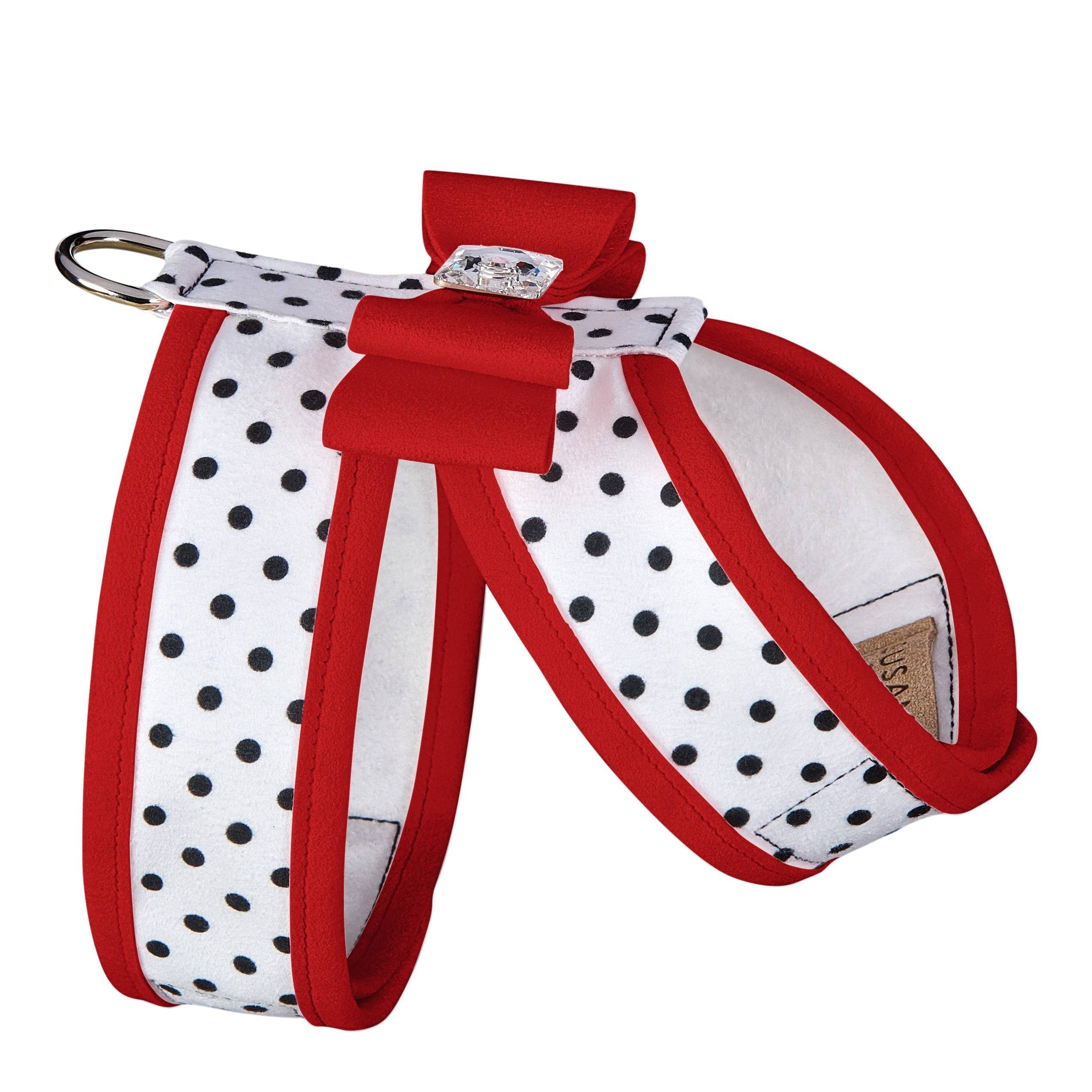 Red Big Bow Tinkie Harness with Red Trim Black & White Polka Dot