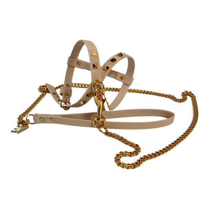 Fashion Dog Harness and Chain Leash Set - Sand with Gold Studs