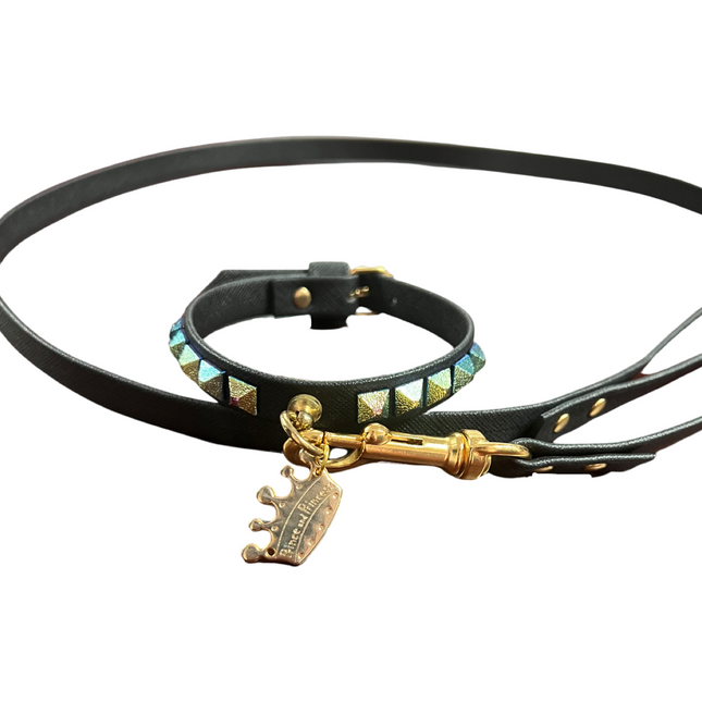 Fashion Collar and Plain Leash Set - Black with Metallic Studs