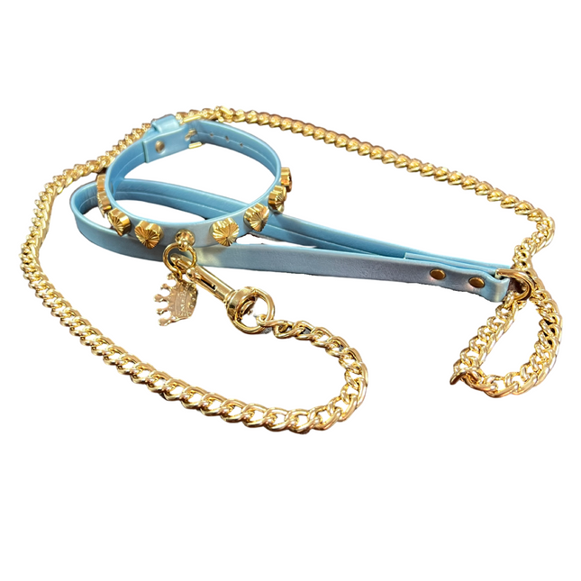 Fashion Collar and Chain Leash Set - Blue with Heart Studs