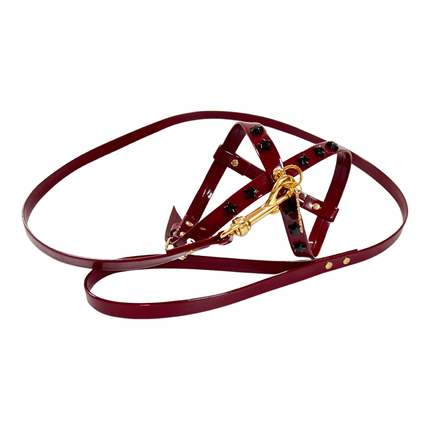 Fashion Dog Harness and Plain Leash Set -Burgundy with Black Star Studs