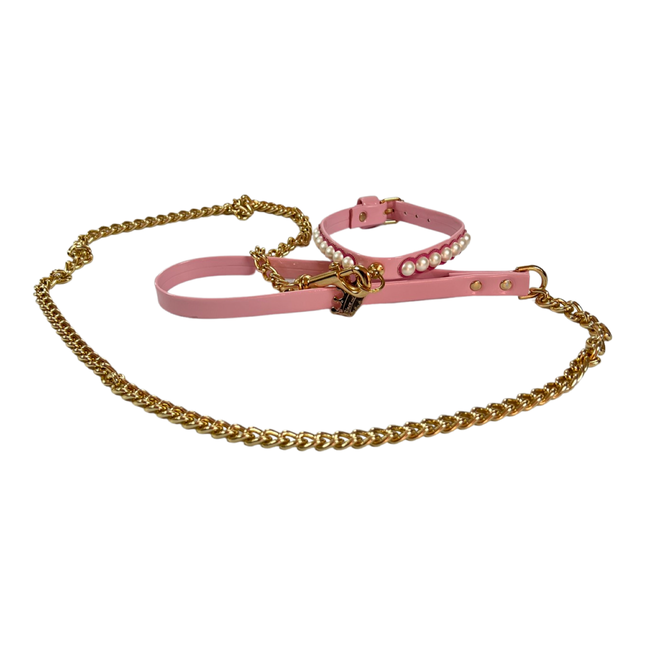 Fashion Collar and Chain Leash Set - Pink with Pearls