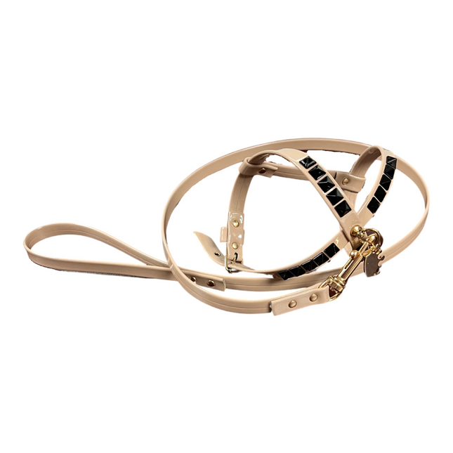 Fashion Dog Harness and Leash Set - Beige with Black Studs