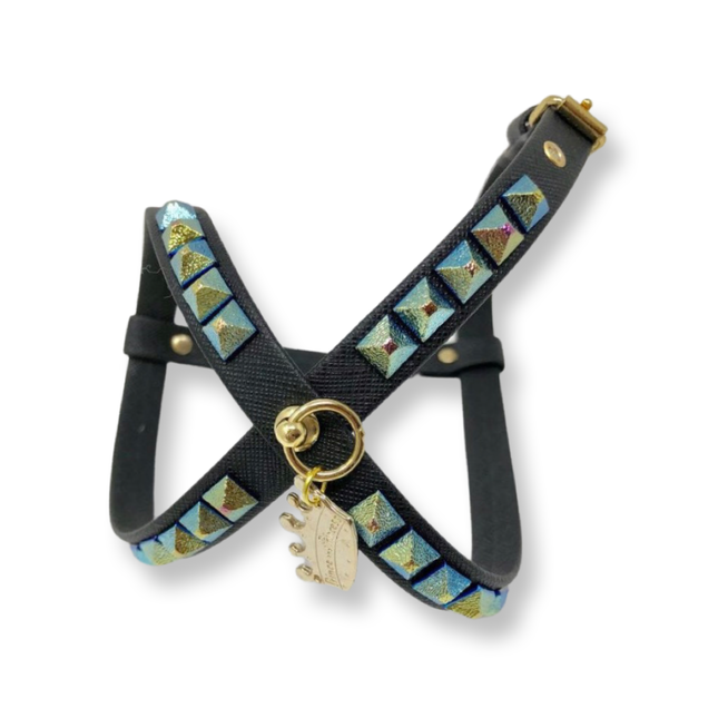 Fashion Dog Harness and Plain Leash Set - Black with Metallic Studs