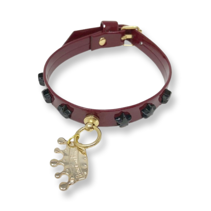 Fashion Collar and Chain Leash Set - Burgundy with Star Studs