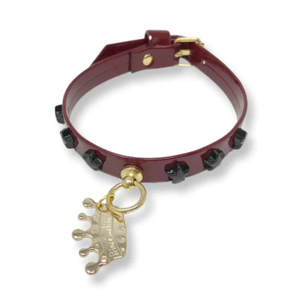 Fashion Collar and Plain Leash Set - Burgundy with Star Studs