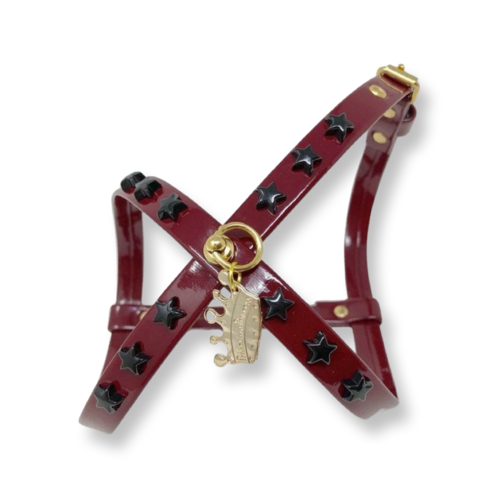 Fashion Dog Harness and Chain Leash Set -Burgundy with Black Star Studs