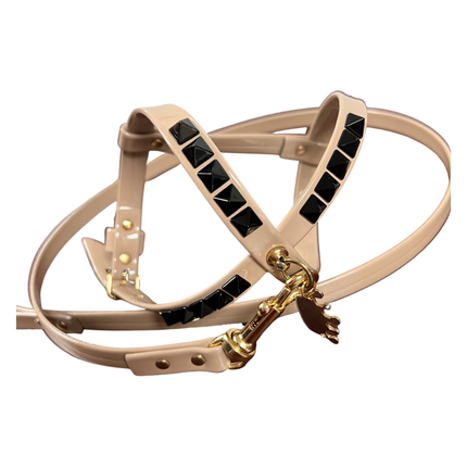 Fashion Dog Harness and Leash Set - Beige with Black Studs