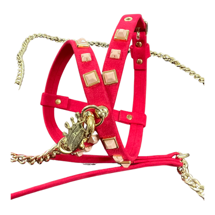 Fashion Dog Harness and Chain Leash Set - Red with Studs