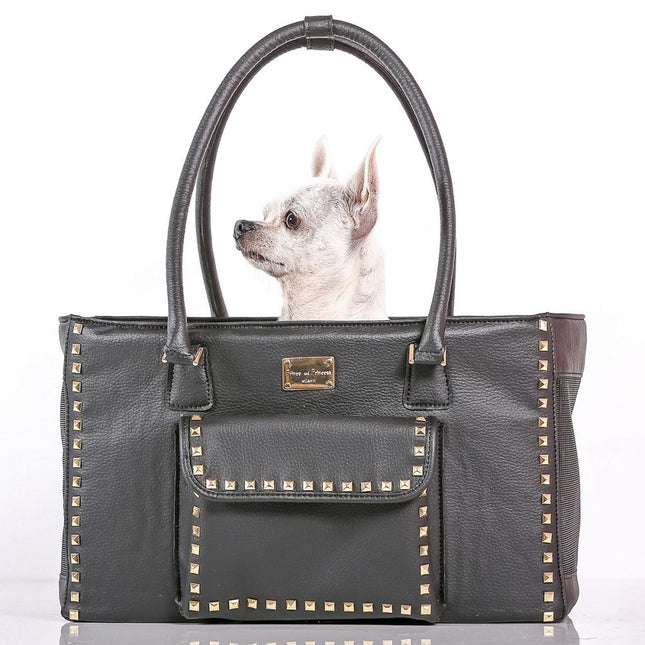 Designer Dog Travel Tote - Black with Gold Studs