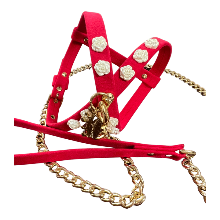 Fashion Dog Harness and Leash Set - Red with White Flowers