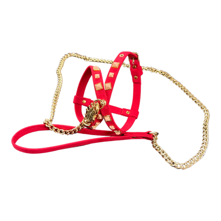 Fashion Dog Harness and Chain Leash Set - Red with Studs