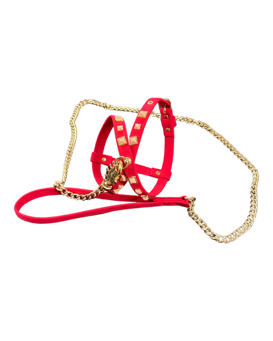 Fashion Dog Harness and Chain Leash Set - Red with Studs
