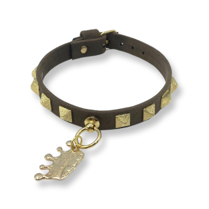 Fashion Collar and Plain Leash Set - Brown Faux Suede with Gold Studs