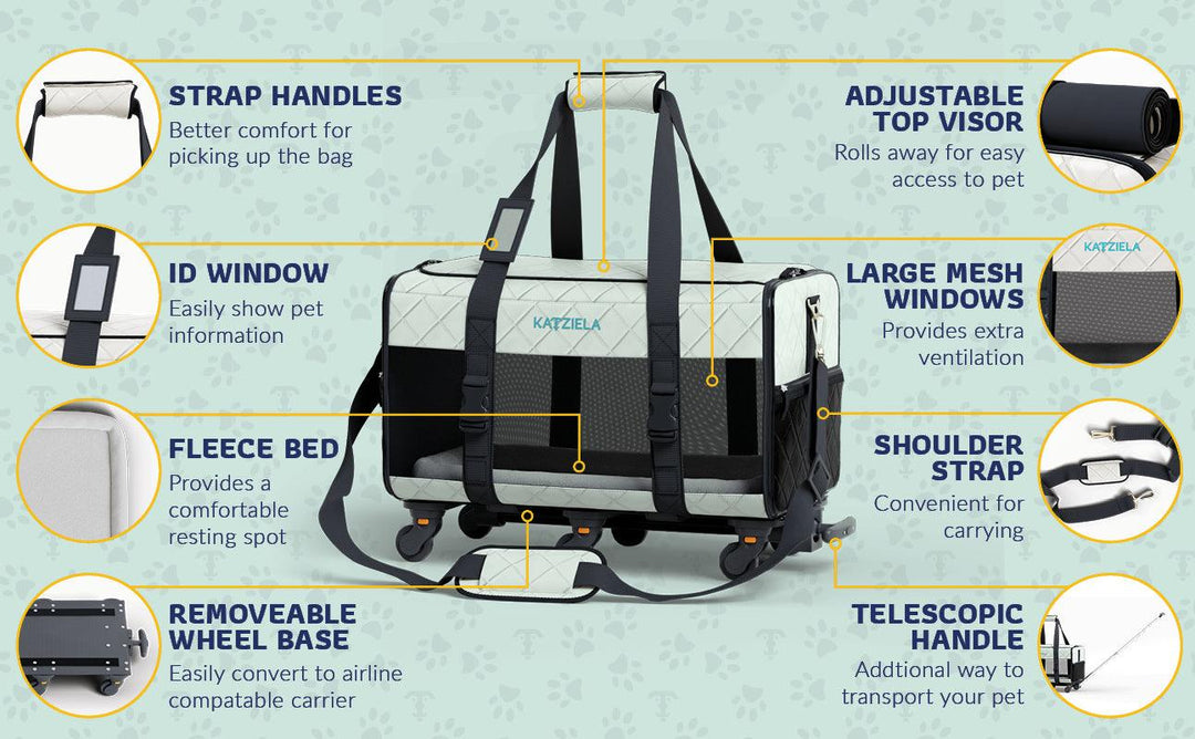 Katziela® Quilted Chariot Pet Carrier with Removable Wheels and Telescopic Handle