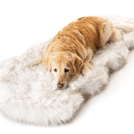 PupRug™ Runner Faux Fur Memory Foam Dog Bed - Curve White with Brown Accents