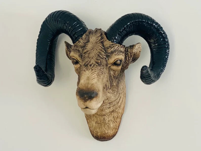 Ram Head Wall Mount Sculpture Horns Black