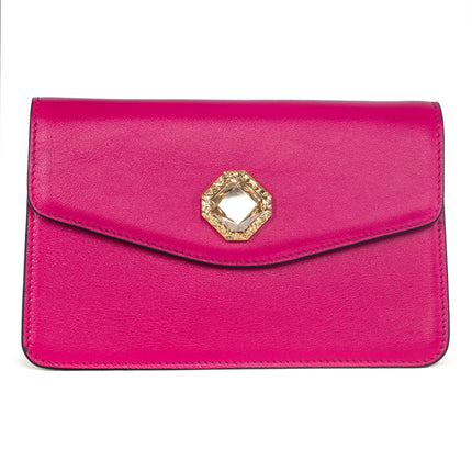 Vibrant Fuchsia Leather Clutch With Custom Swarovski Stone