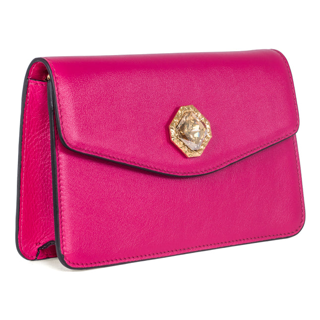 Vibrant Fuchsia Leather Clutch With Custom Swarovski Stone