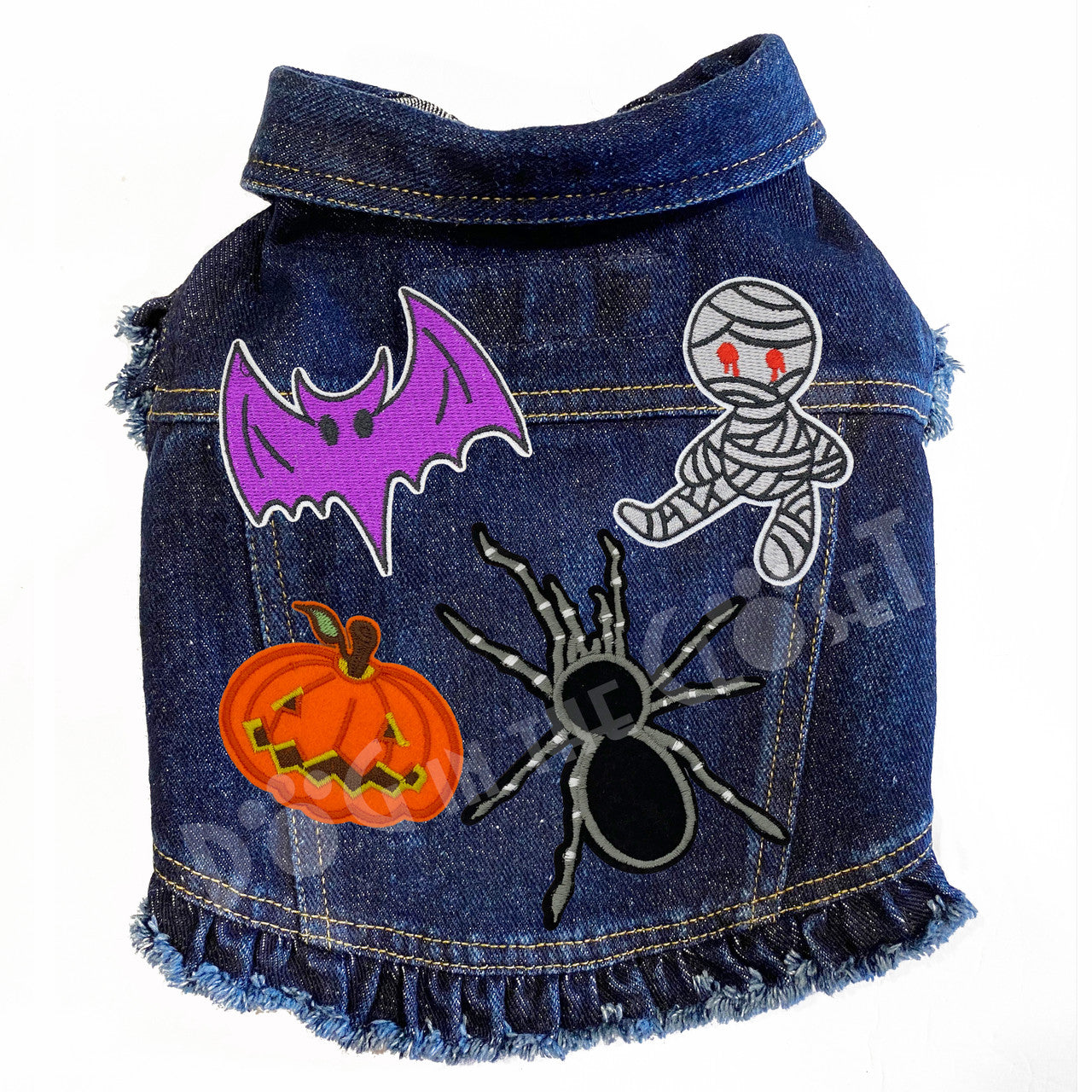 Scary Time Denim Dog Jacket Blue Denim with Ruffles