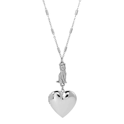 Sitting Cat And Heart Locket Necklace