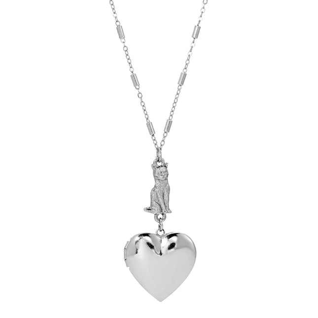 Sitting Cat And Heart Locket Necklace