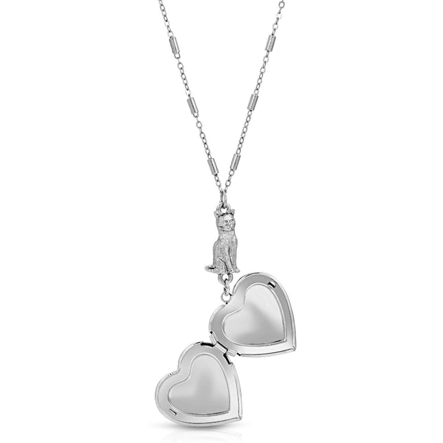 Sitting Cat And Heart Locket Necklace