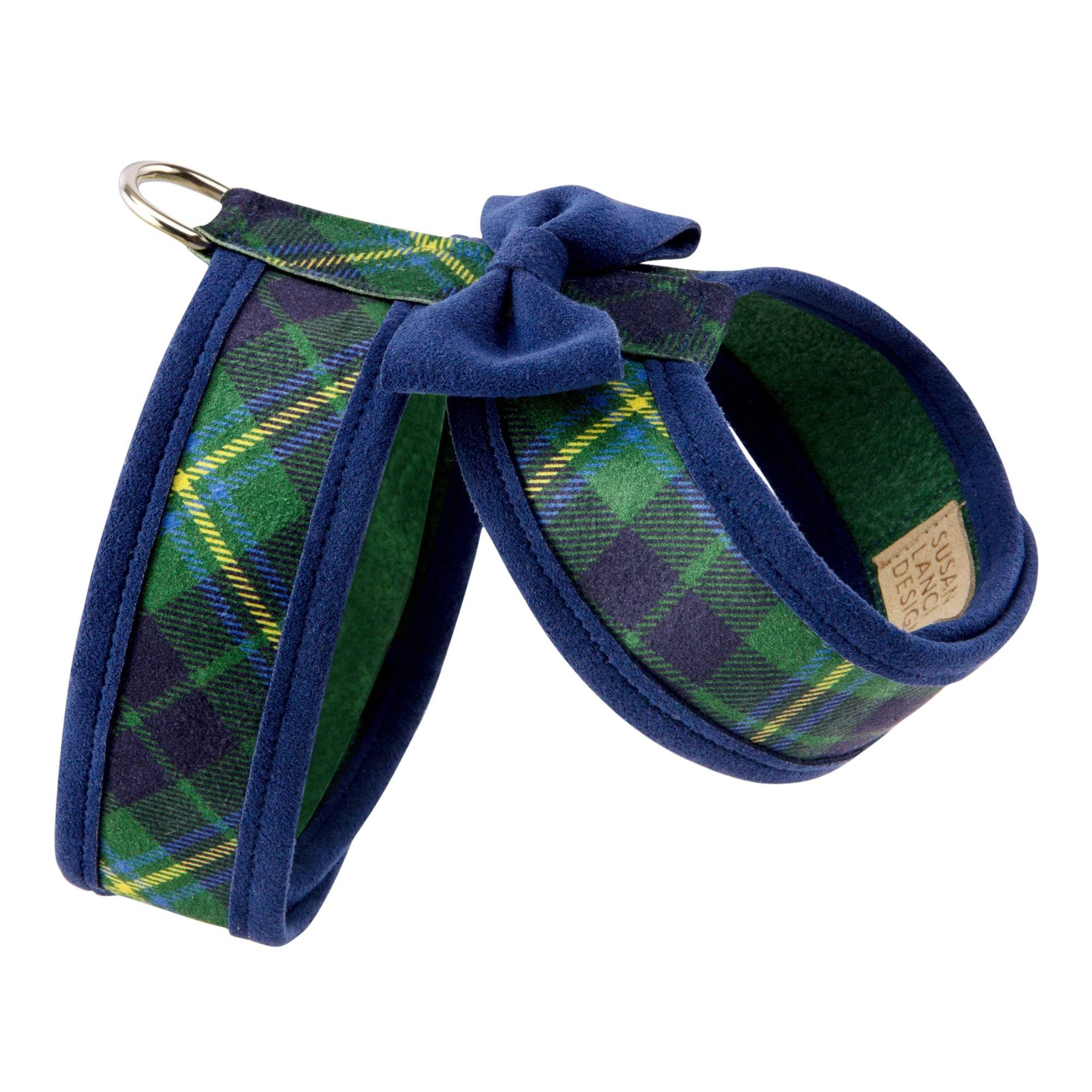 Scotty Plaid Indigo Bow Tie Tinkie Harness with Indigo Trim Forest Plaid