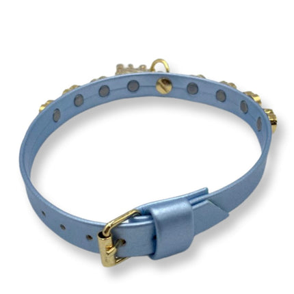 Fashion Collar and Plain Leash Set - Blue with Heart Studs