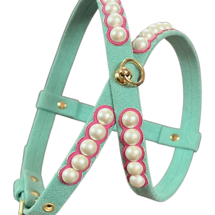 Fashion Dog Harness and Leash Set - Tiffany Blue with Pink and Pearls