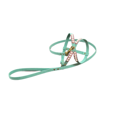 Fashion Dog Harness and Leash Set - Tiffany Blue with Pink and Pearls