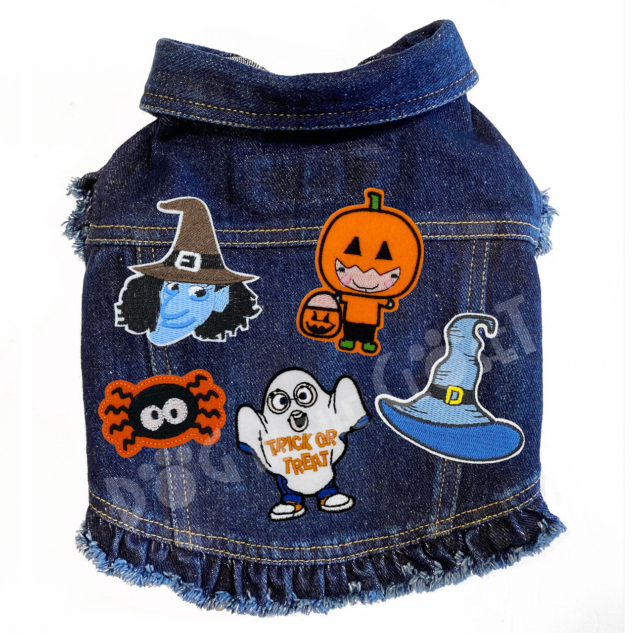 Trick or Treat Denim Dog Jacket Blue Denim with Ruffles