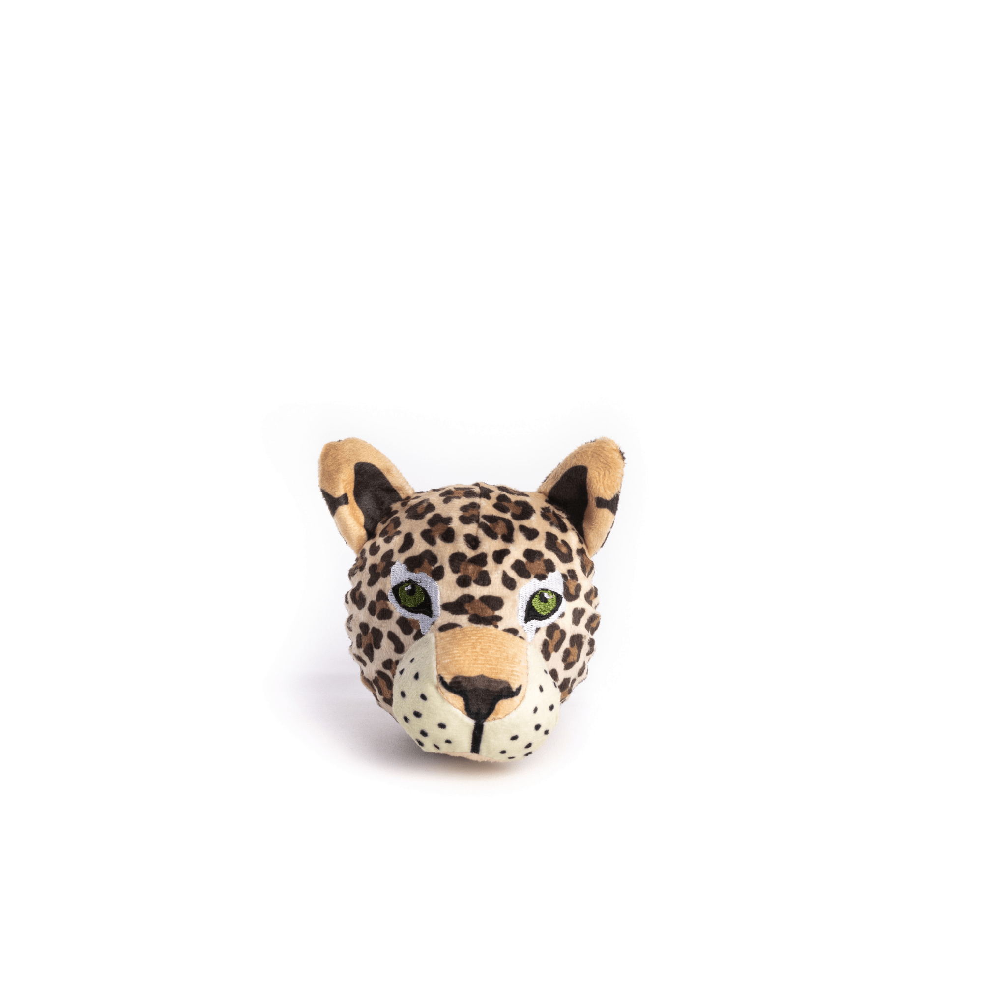 closeup of brown spotted leopard faball®, beige nose, black eyes, white face