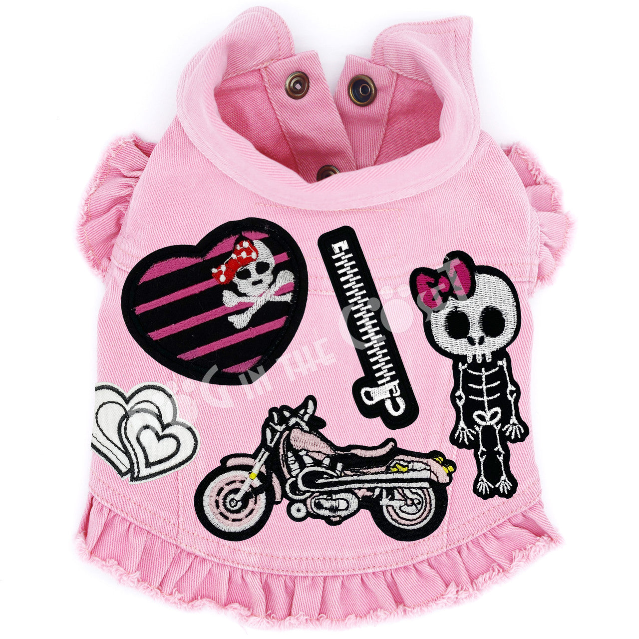 Biker Chick Denim Dog Jacket Pink Denim with Ruffles