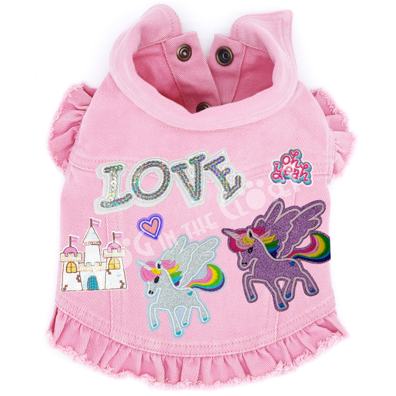 Fairytale Unicorns Denim Dog Jacket Pink Denim with Ruffles