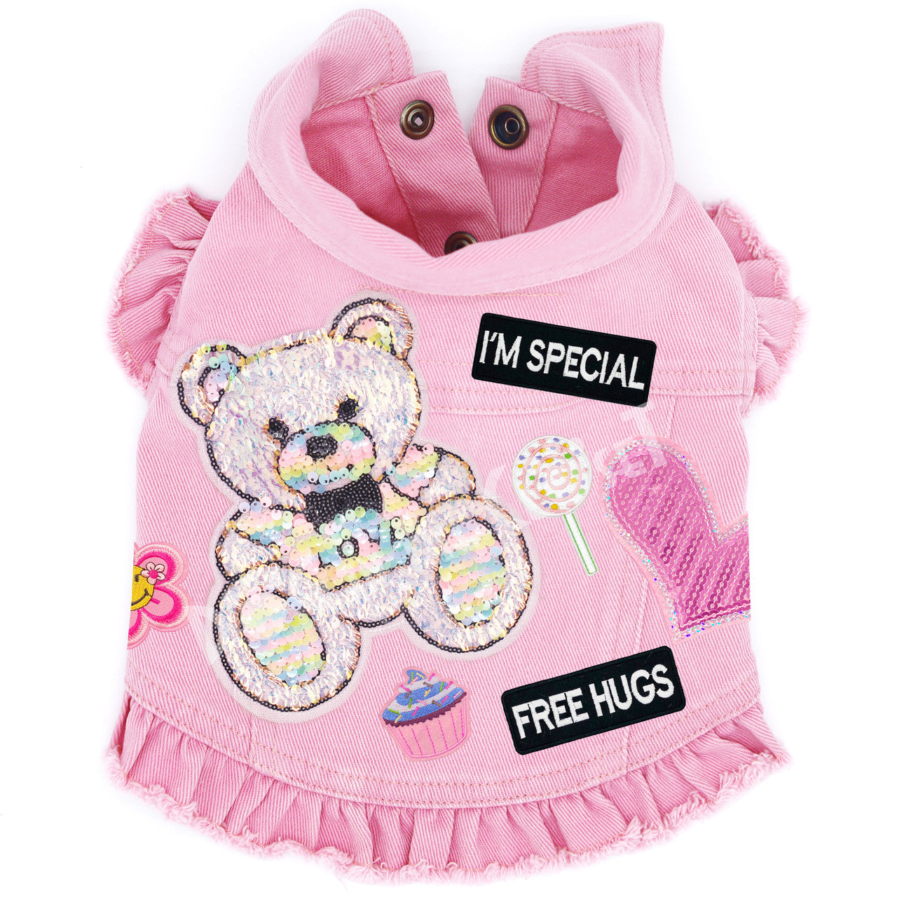 Hug a Bear Denim Dog Jacket Pink Denim with Ruffles